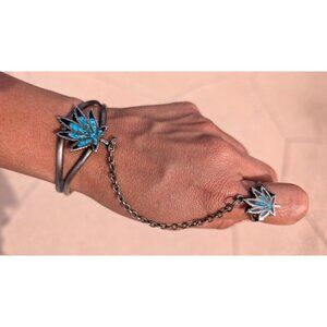 Vintage G&S 88 Slave Bracelet Silver Plated Cuff and Ring Turquoise Inlay Leaf